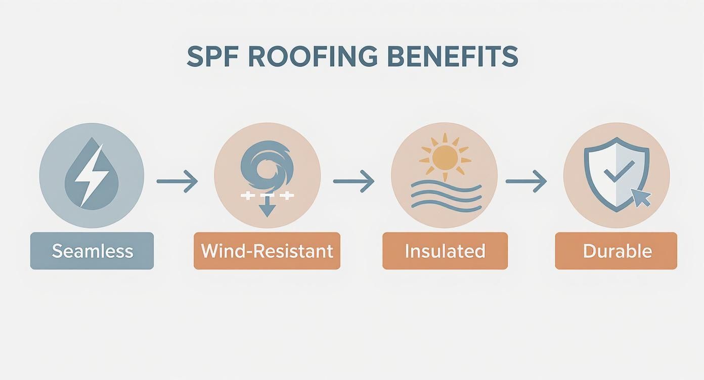 Infographic showing four key SPF roofing benefits: seamless, wind-resistant, insulated, and durable with icons