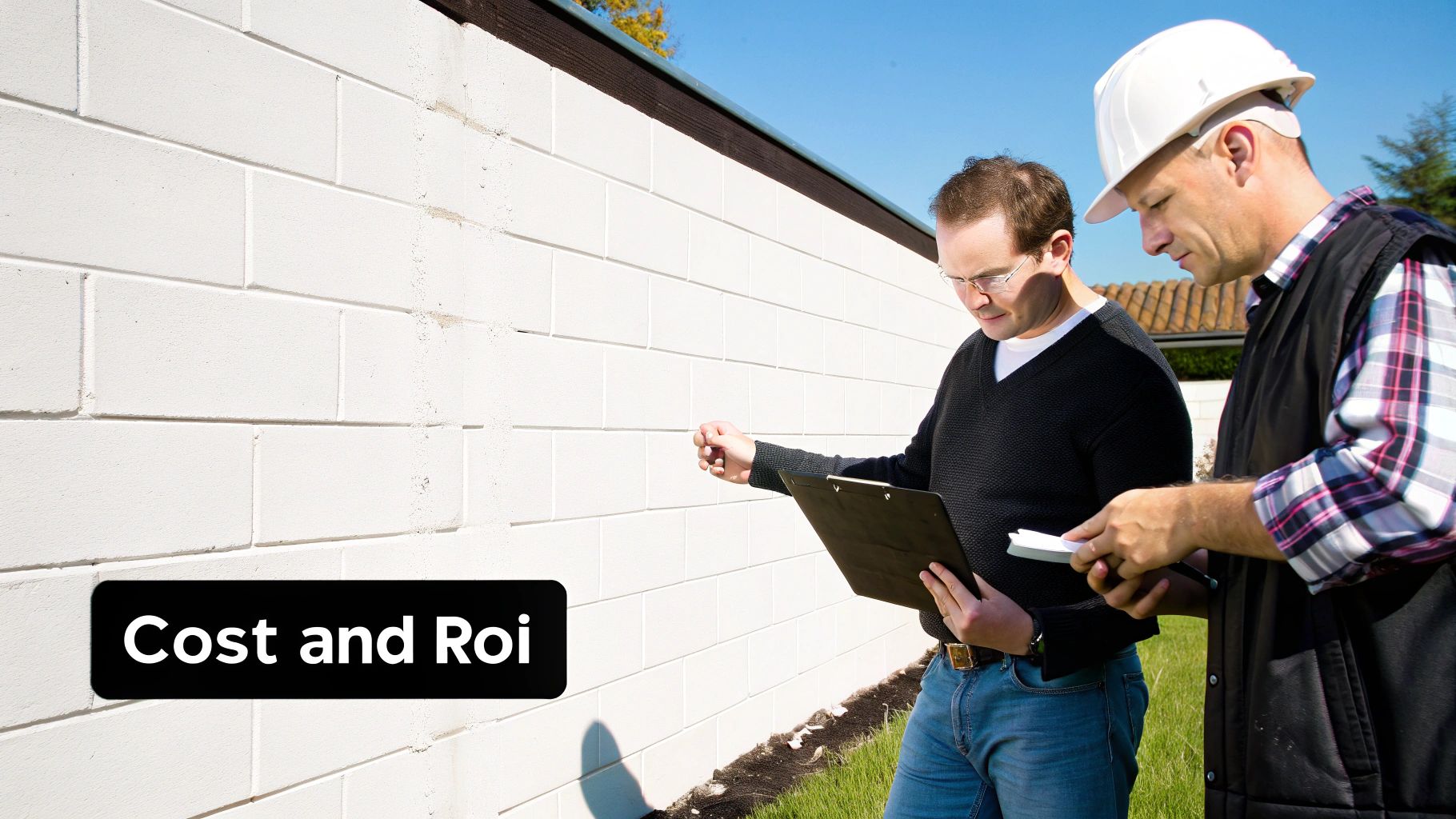 Two men, one in a hard hat, inspecting a concrete block wall while discussing, with 'Cost and Roi' text.