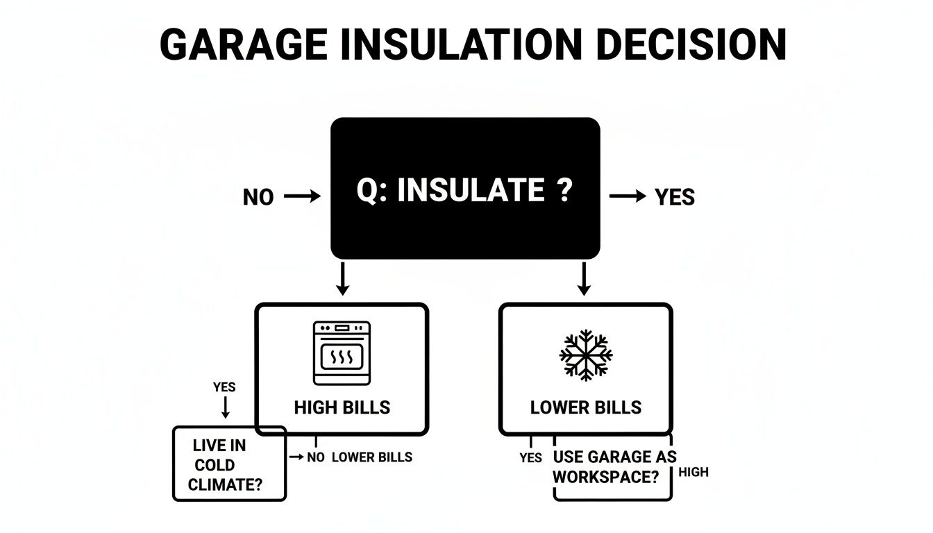 Flowchart outlining the decision process for garage insulation, comparing high bills versus lower bills.