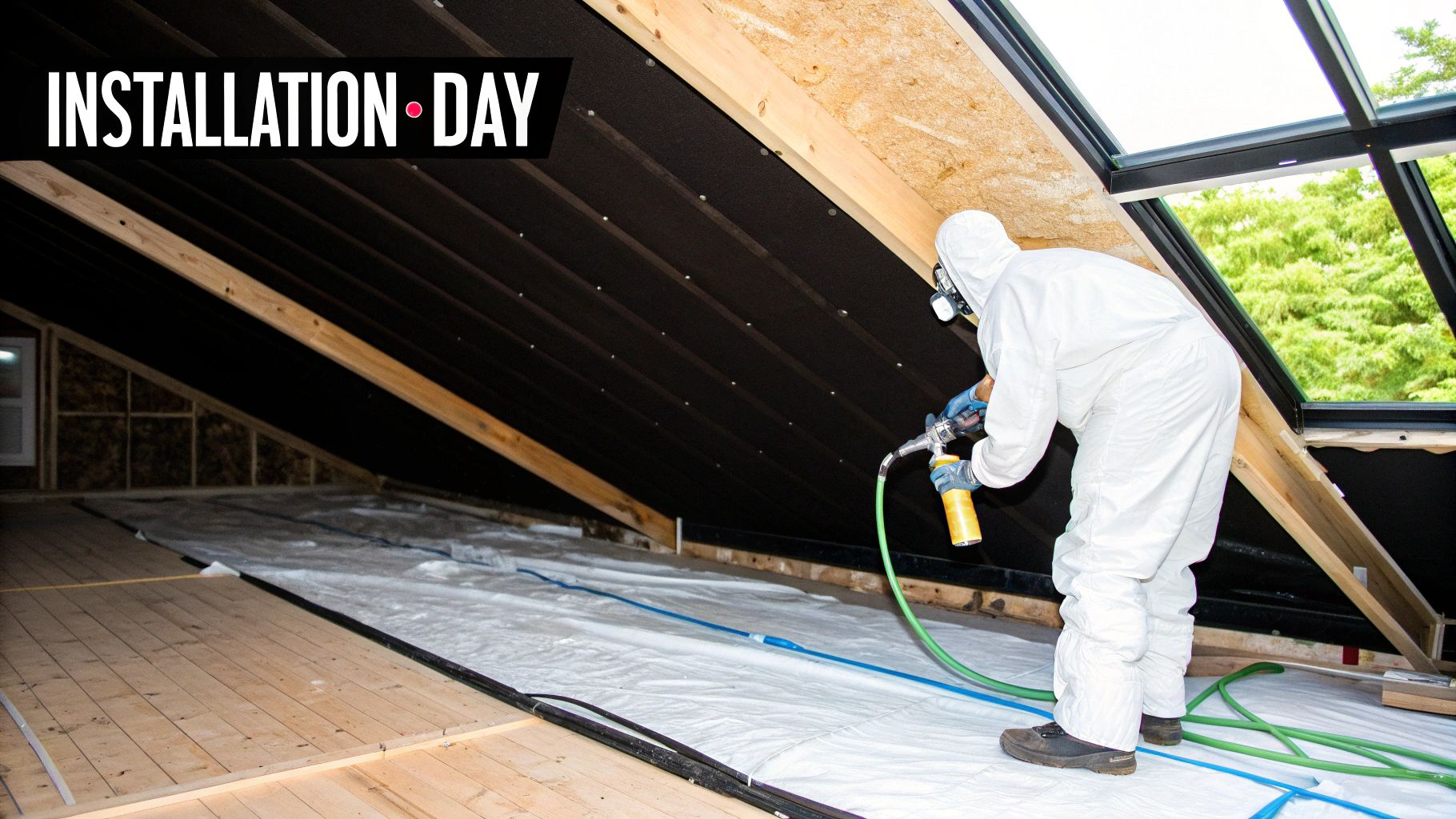 Worker in protective gear spraying foam insulation in an attic space with skylights on installation day.