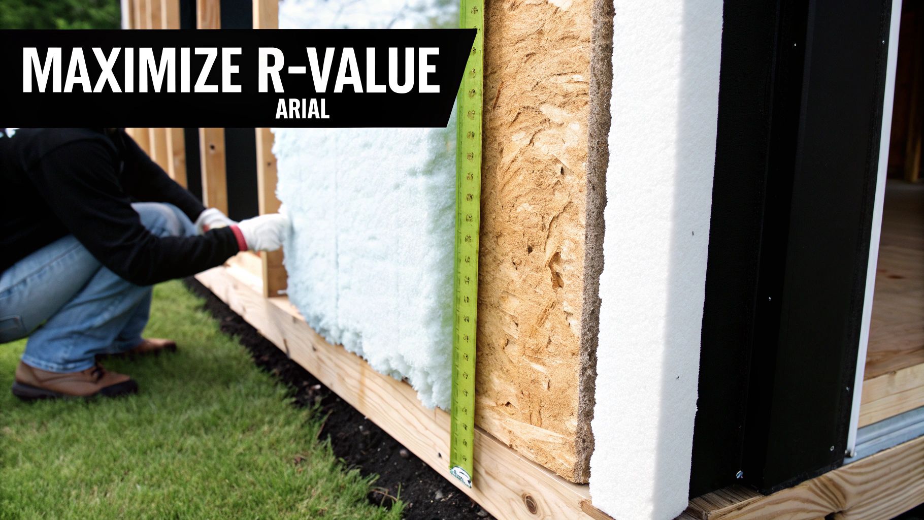 A person installs blue insulation into an exterior wall frame to maximize R-value.