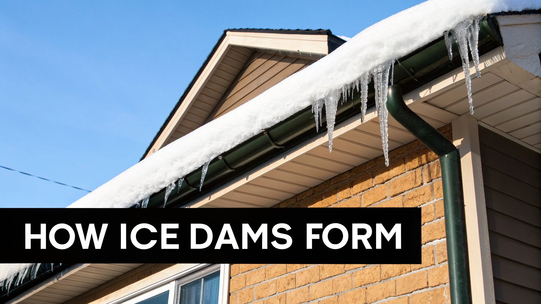 Icicles hanging from a snowy roof gutter of a house on a sunny winter day.