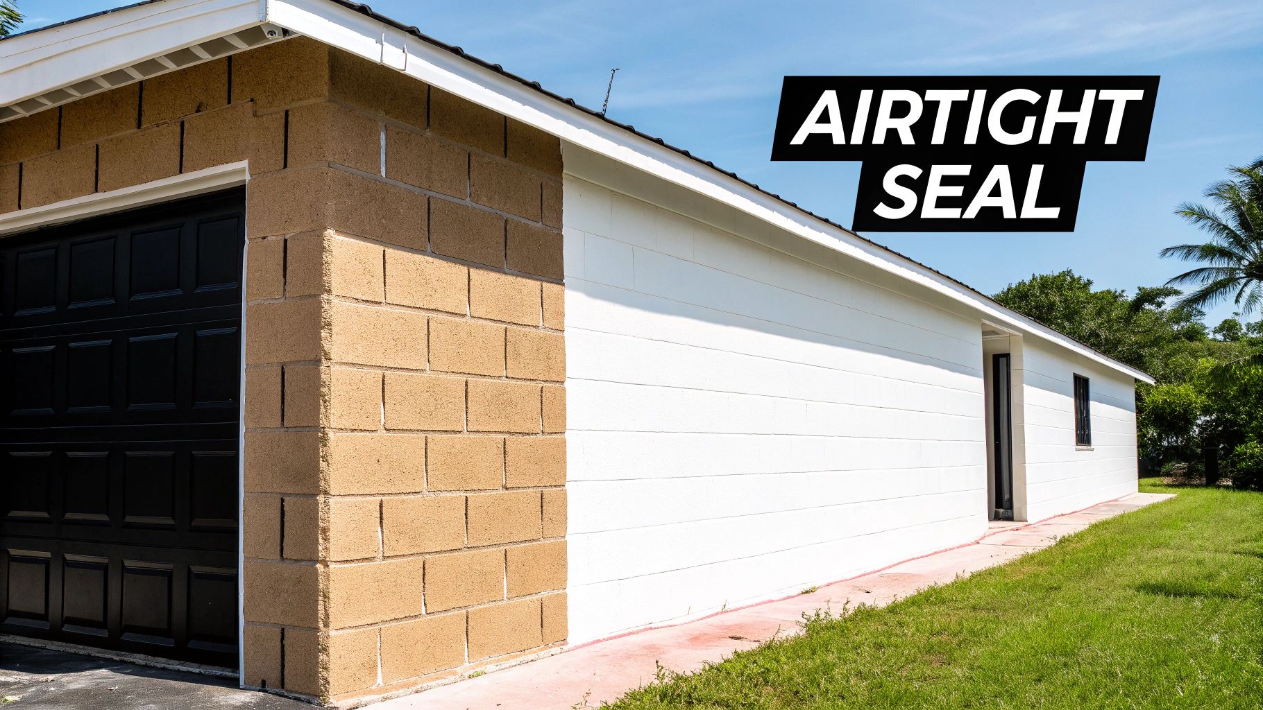 Building exterior showing brown cinder block walls, white painted walls, and a black garage door with 'AIRTIGHT SEAL' text.
