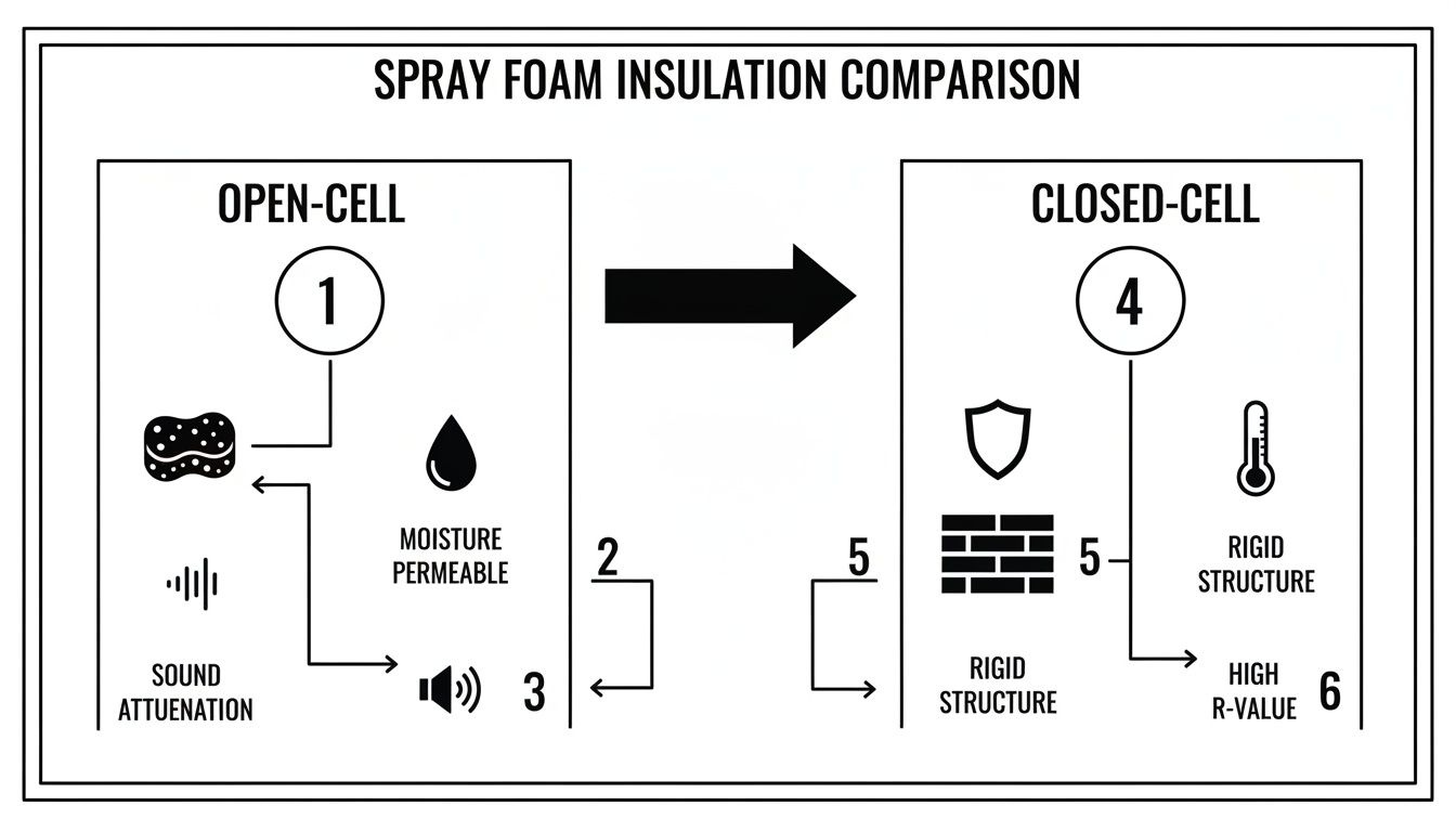 Diagram comparing open-cell and closed-cell spray foam insulation properties: moisture, sound, rigidity, and R-value.