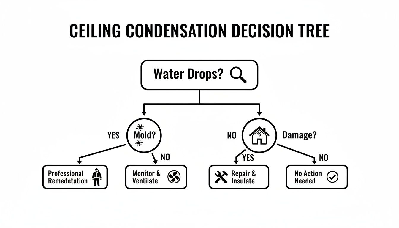 Decision tree flowchart for ceiling condensation, guiding users through steps like checking for mold, damage, and recommending solutions.