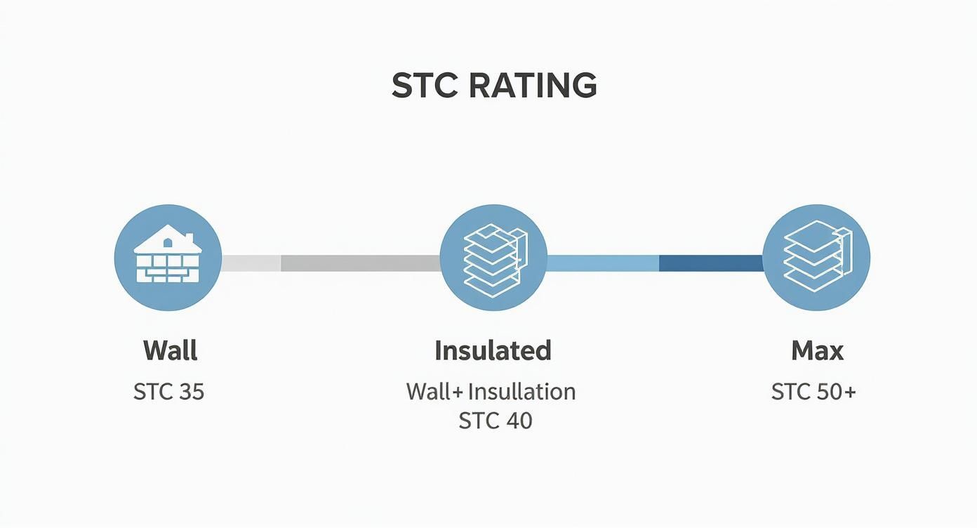Infographic showing the increase in STC rating from a standard wall to a fully insulated and layered wall.