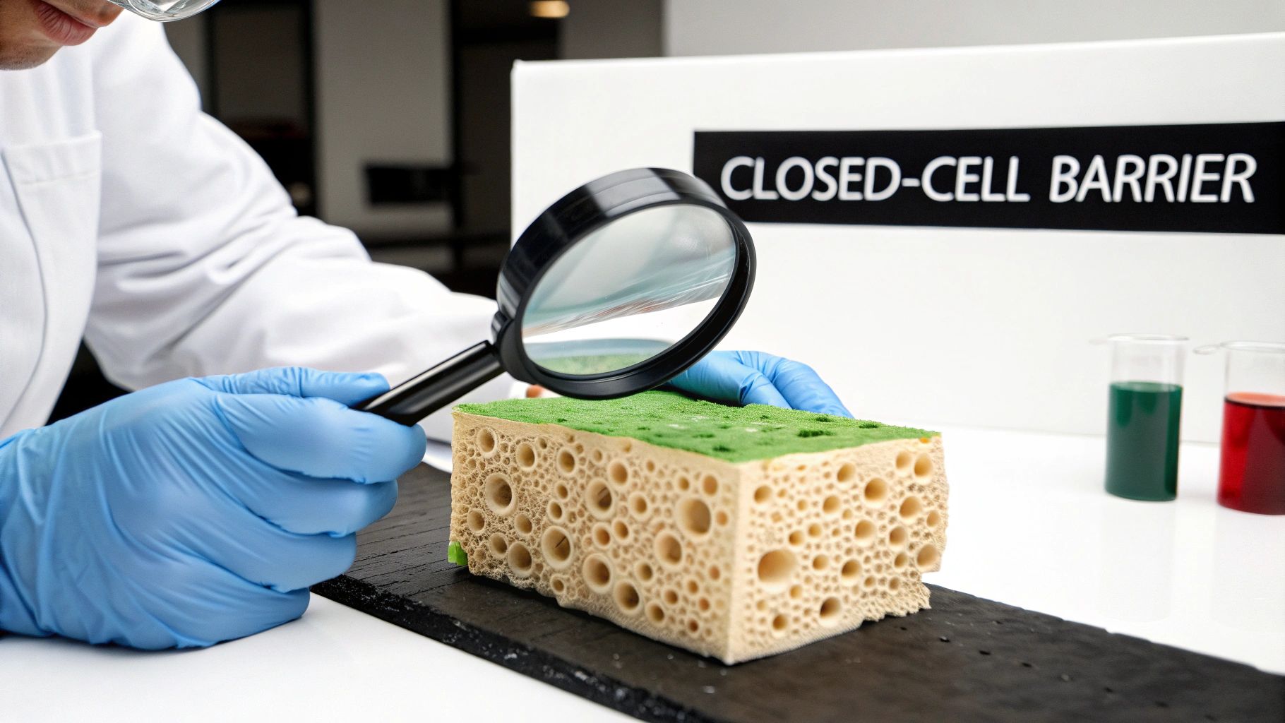 Scientist in lab coat examining a closed-cell foam barrier with a magnifying glass in a lab setting.