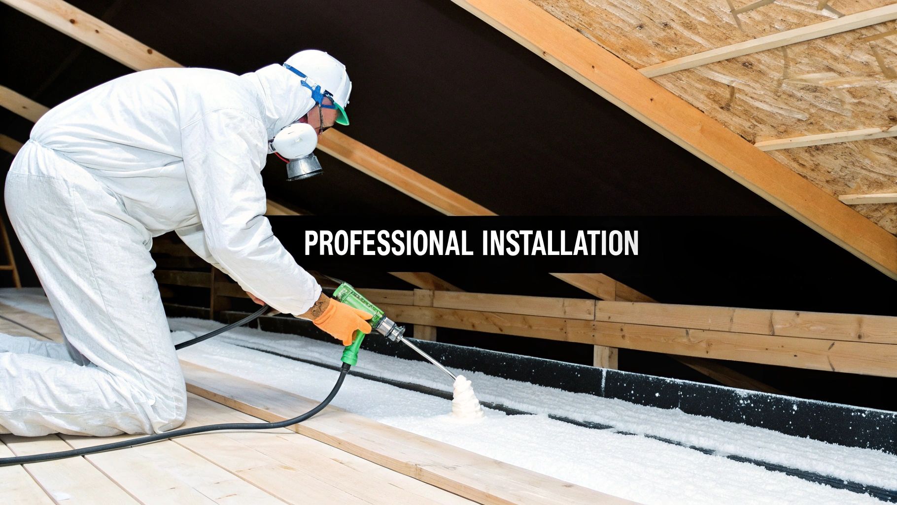 Professional worker in protective gear installing spray foam insulation in an attic.
