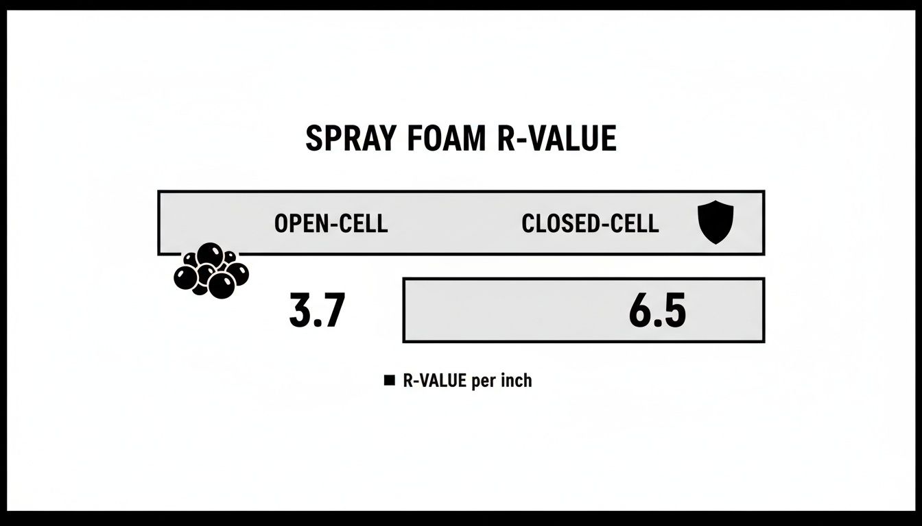 Spray foam R-value chart comparing open-cell (3.7) and closed-cell (6.5) insulation per inch.