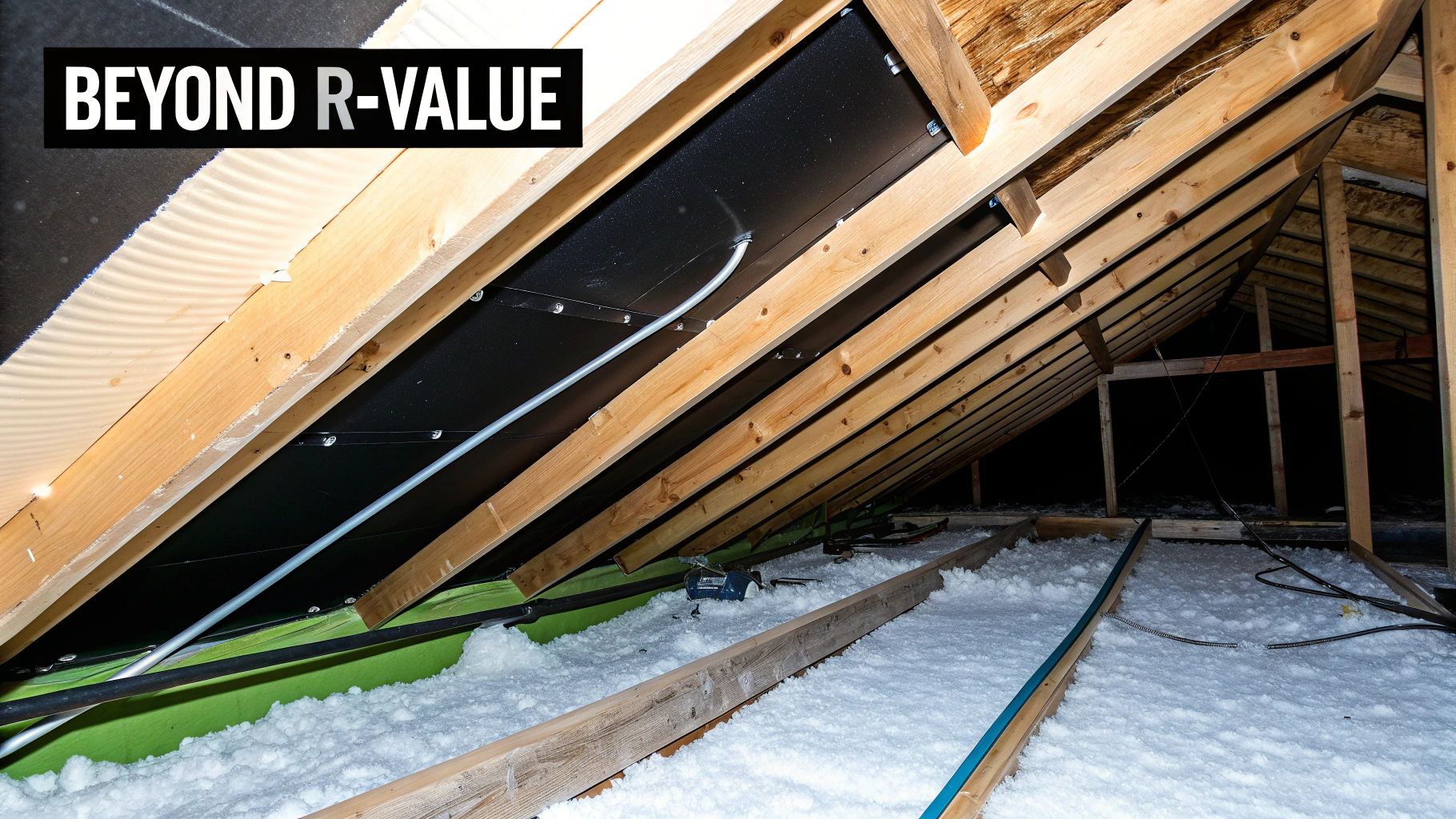 An attic interior with wooden rafters, black insulation panels, pipes, and thick white blown-in insulation.