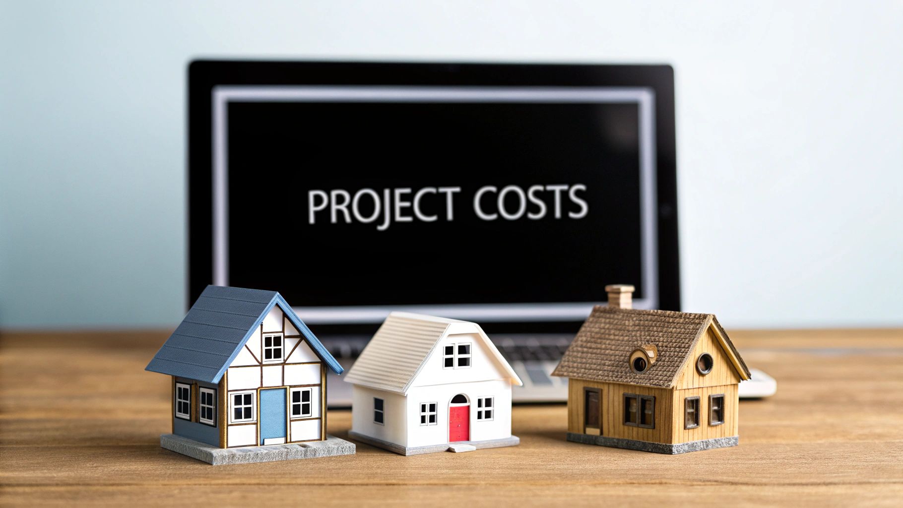 Three miniature house models on a wooden desk with a laptop showing 'PROJECT COSTS'.