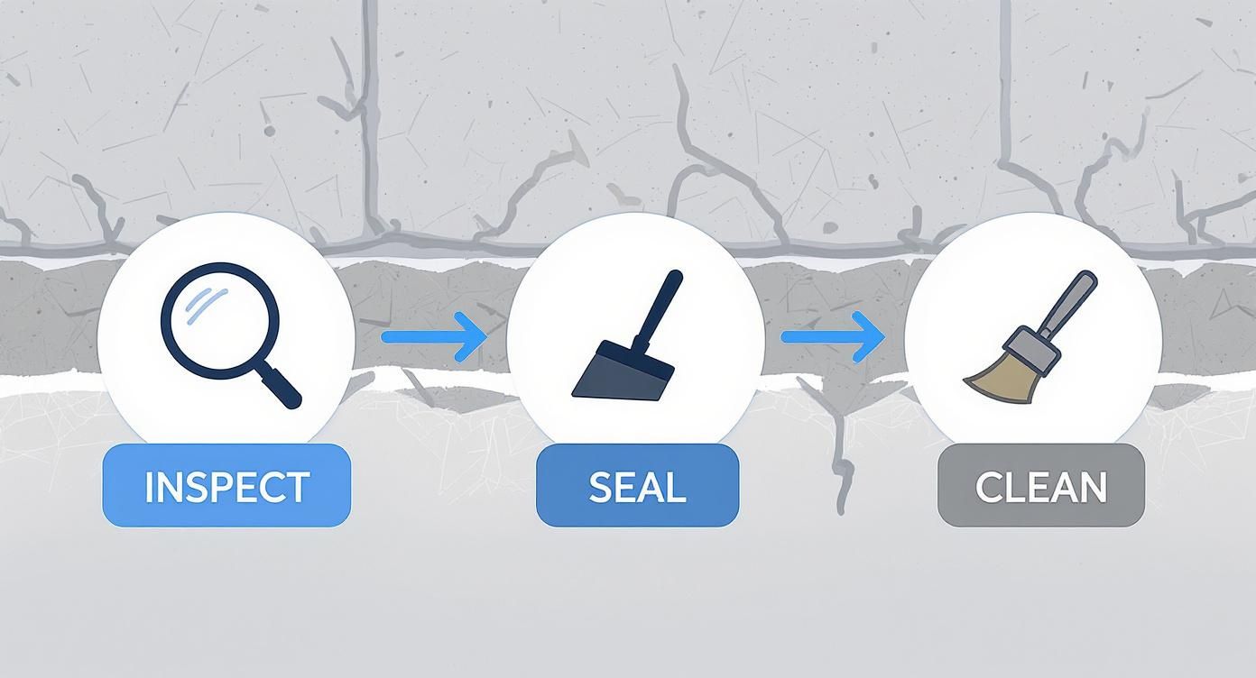 A three-step diagram illustrating the process of inspecting, sealing, and cleaning cracks on a wall.