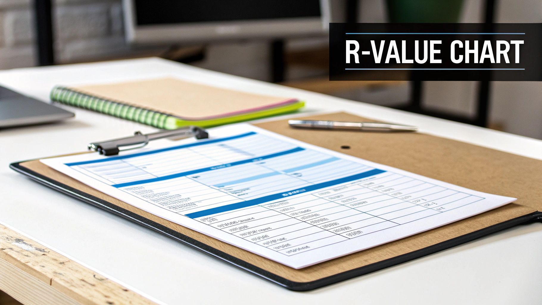 A close-up of a desk with an R-Value Chart on a clipboard, a notebook, and a pen.