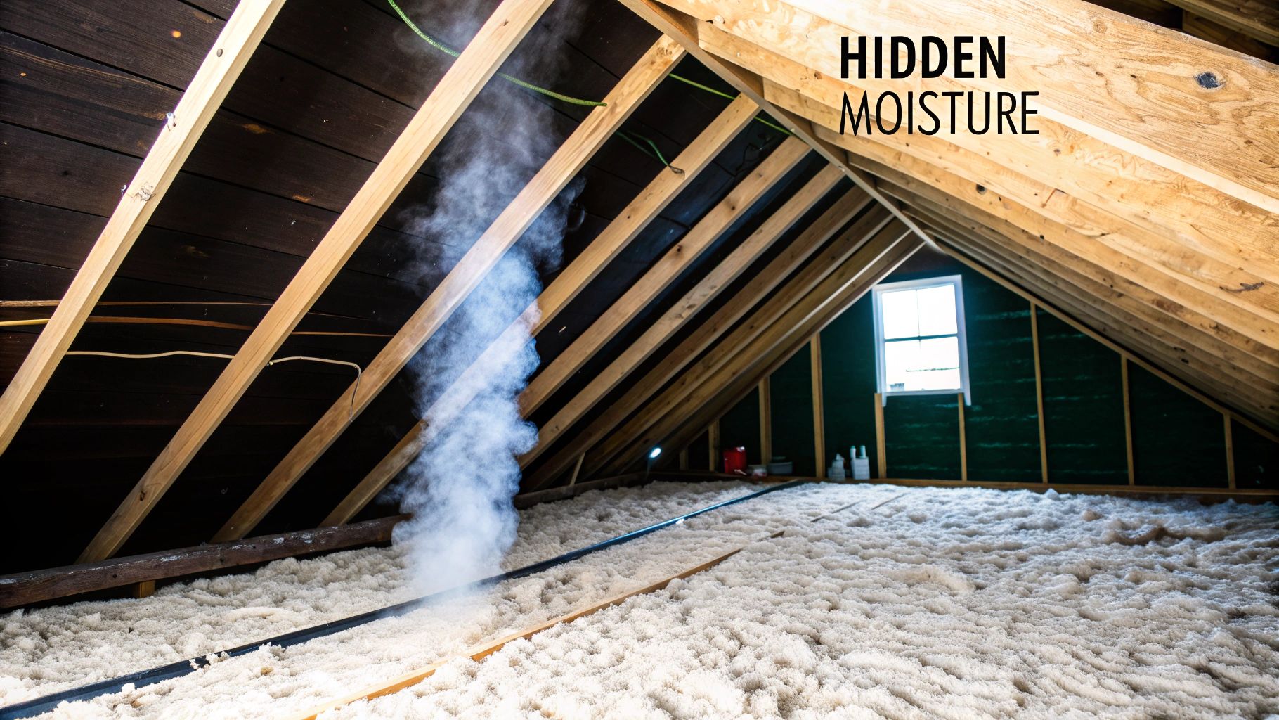 Attic space with thick insulation, exposed wooden rafters, and white vapor rising from the floor, indicating hidden moisture.