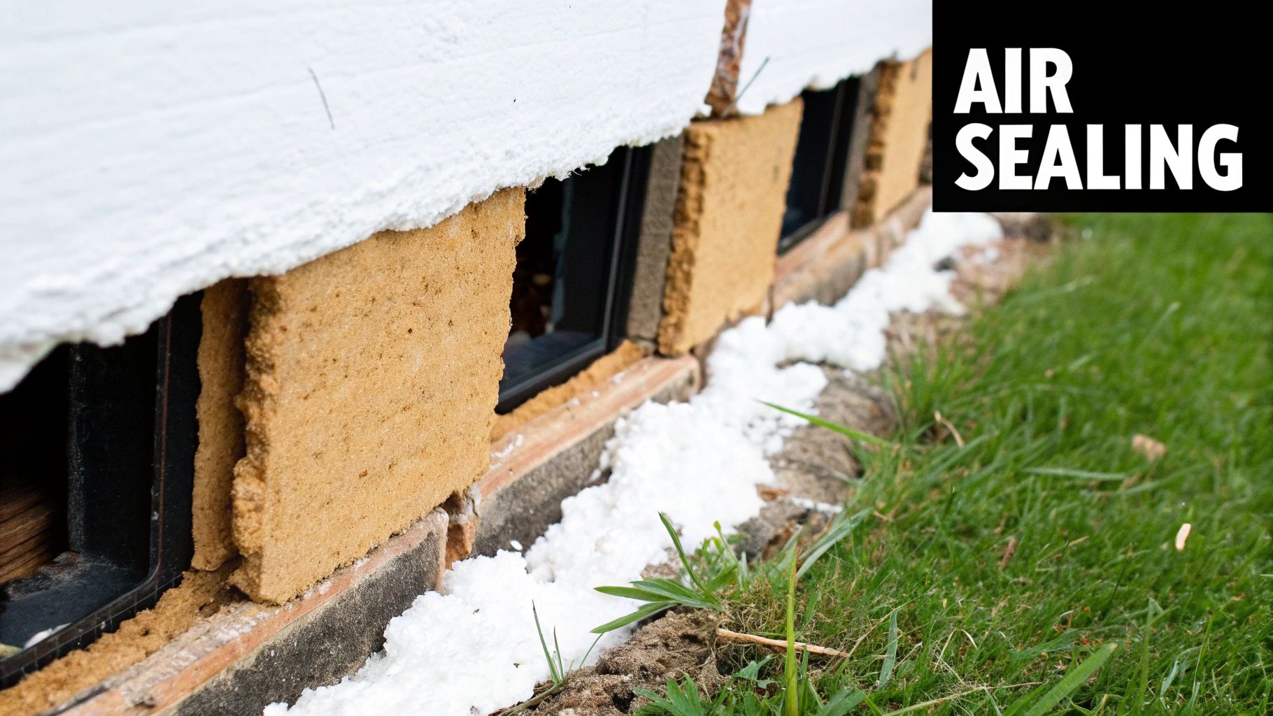 Close-up of a house foundation being air sealed with spray foam insulation and rigid foam.