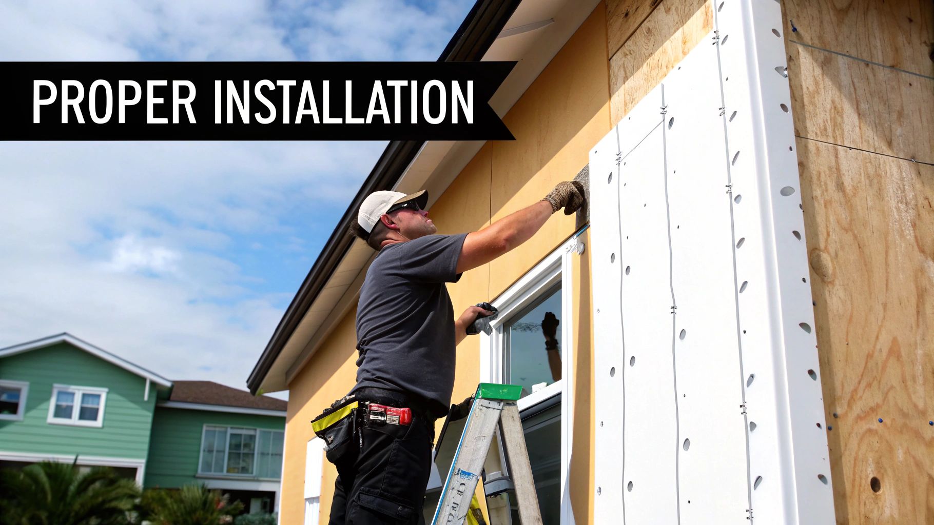 Man on ladder installing block foam insulation panels on a building's exterior, ensuring proper installation.