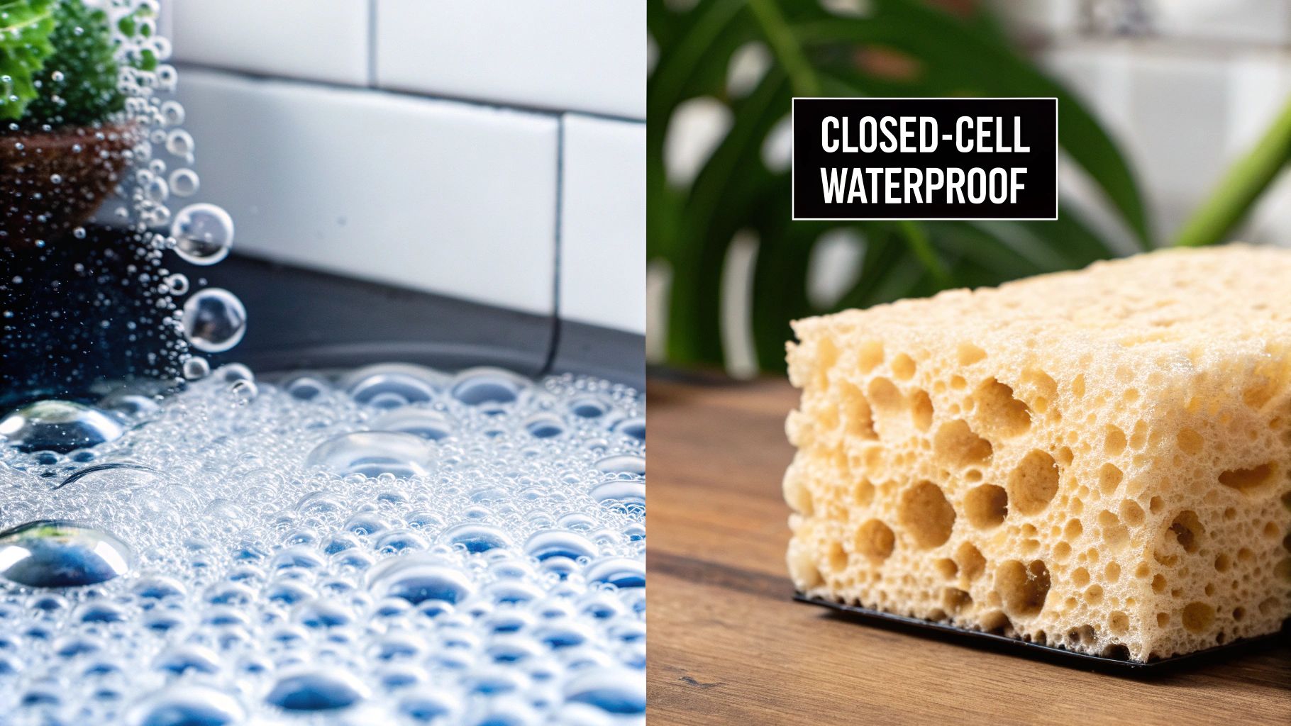 Close-up of numerous water bubbles on the left, and a porous, waterproof sponge on a wooden surface on the right.