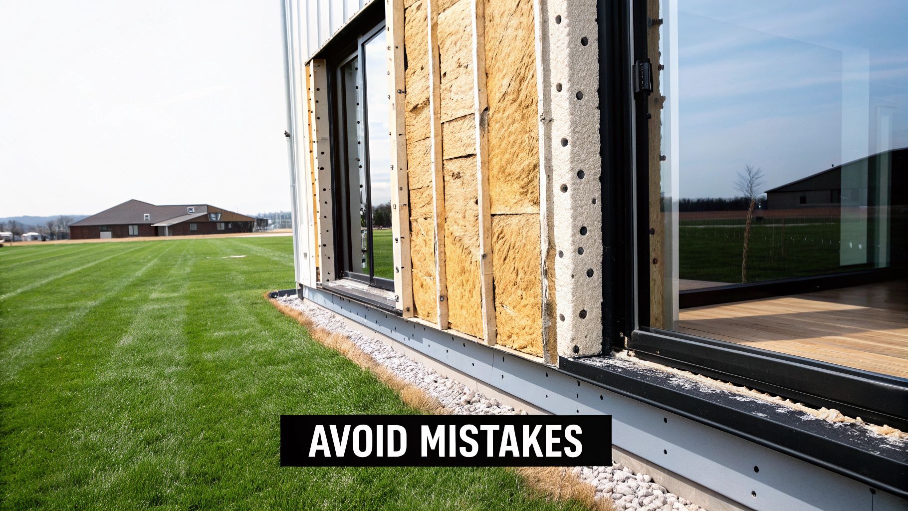 Close-up of a metal building under construction, showing exterior wall insulation and a window frame.