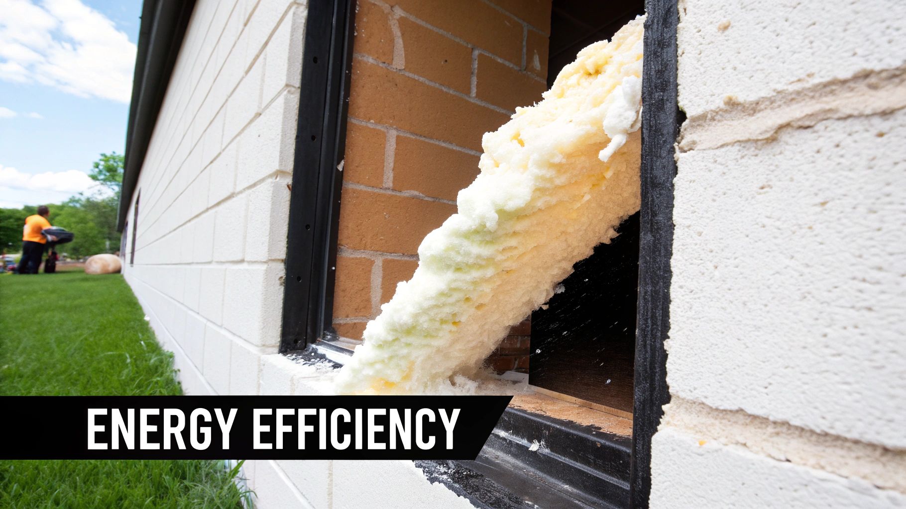 Yellow spray foam insulation expands into a building's window frame, improving energy efficiency and sealing gaps.