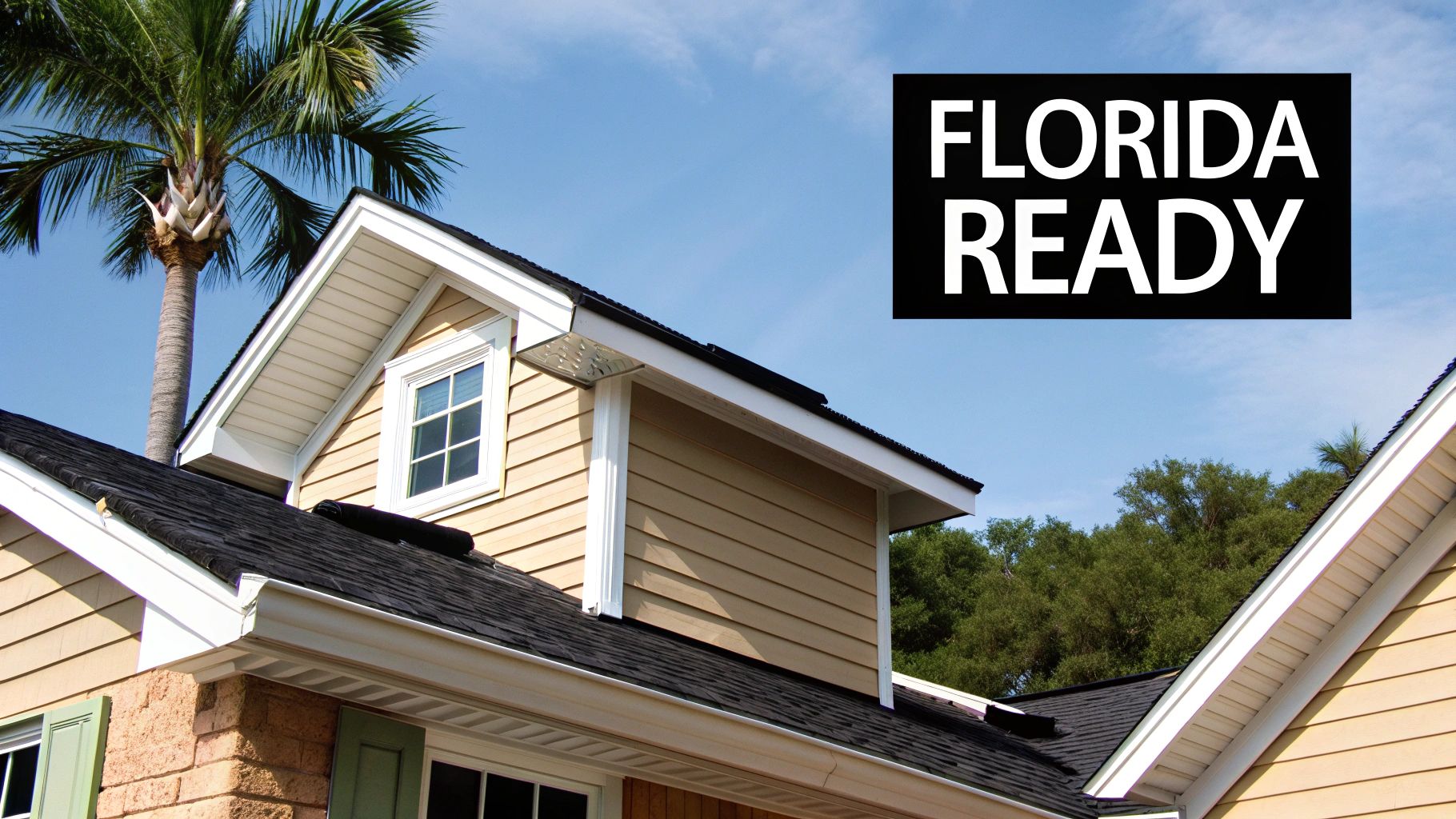 A house with a black roof, light brown siding, a palm tree, and a 'FLORIDA READY' sign.