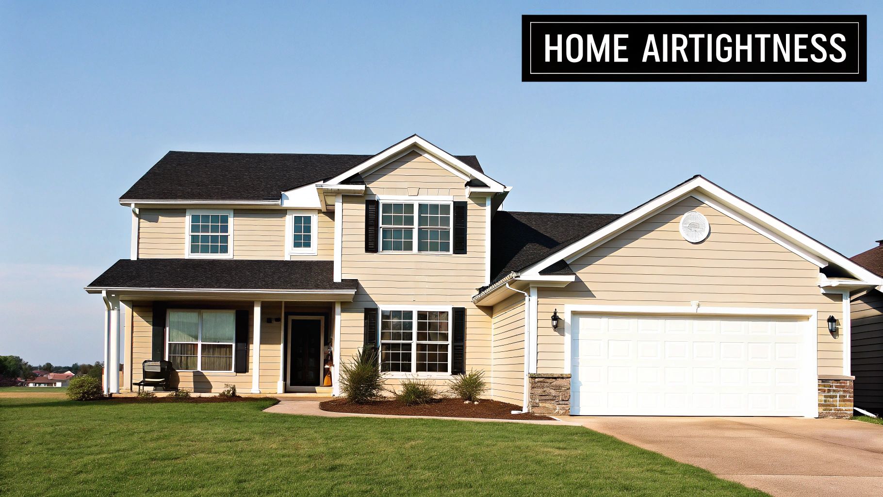A modern two-story house with beige siding, white garage, and a green lawn, with "HOME AIRTIGHTNESS" text.