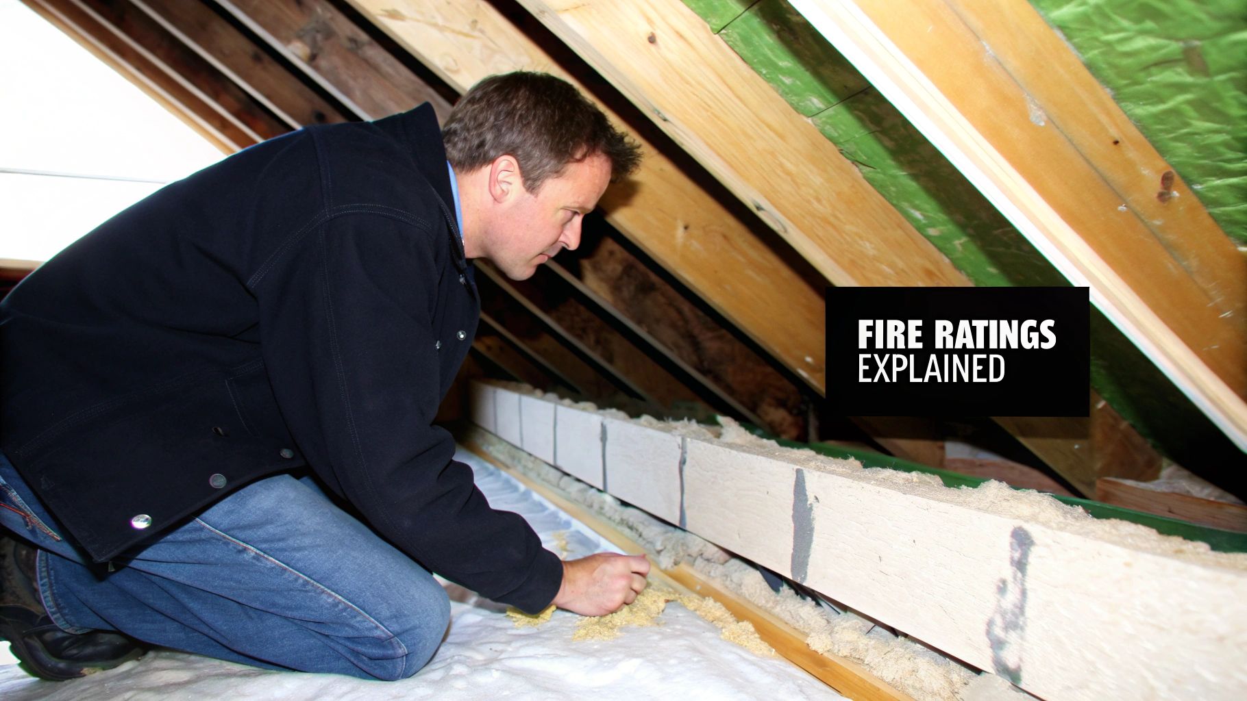 A man kneels to install or inspect insulation between wooden attic beams, explaining fire ratings.