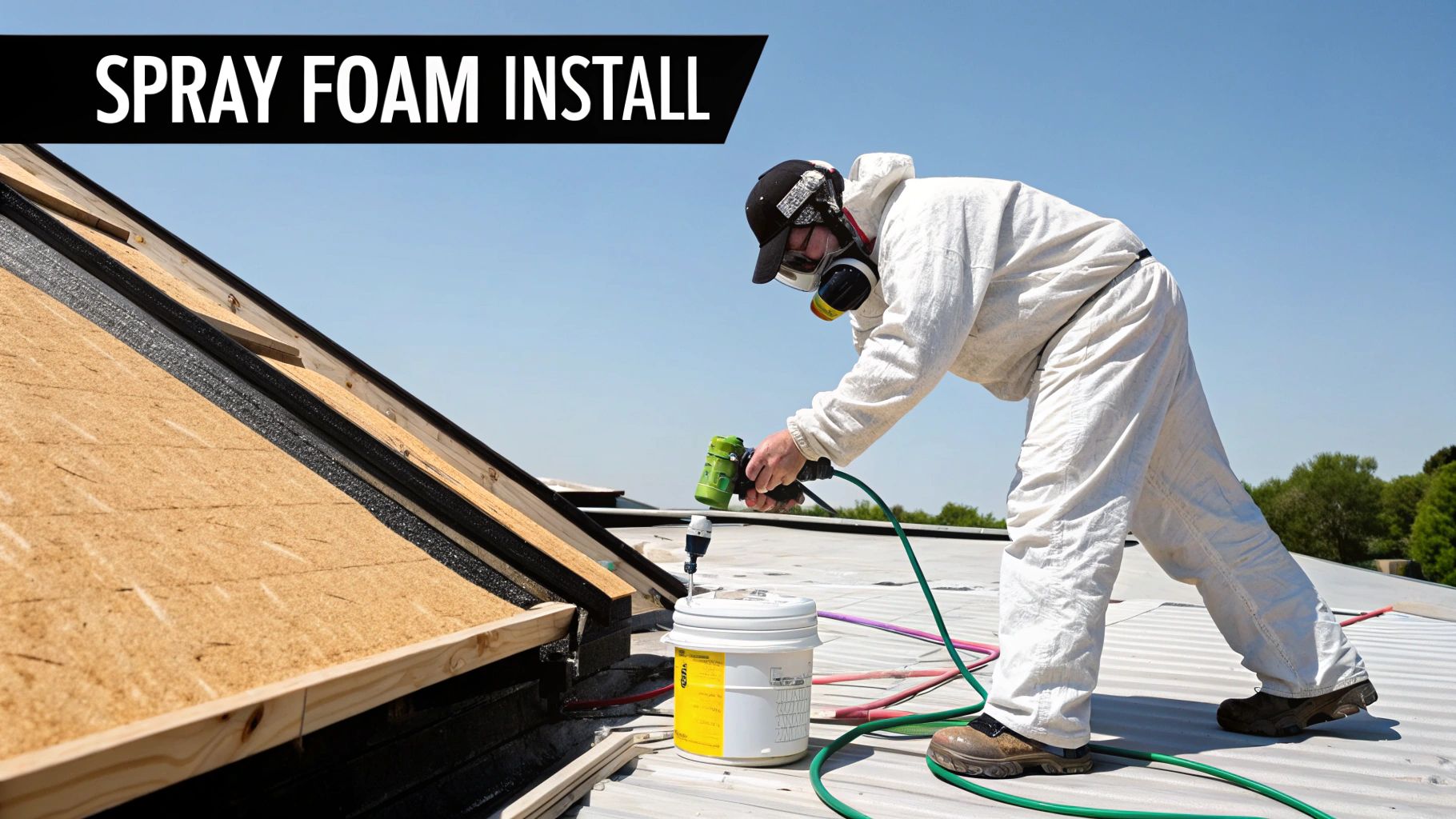 A worker in protective gear spraying foam insulation onto an attic roof structure under a clear sky.