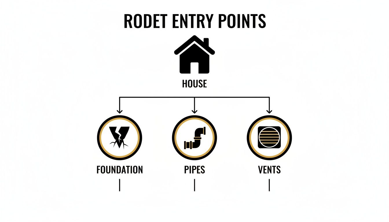 Infographic showing common rodent entry points into a house: foundation cracks, pipes, and vents.