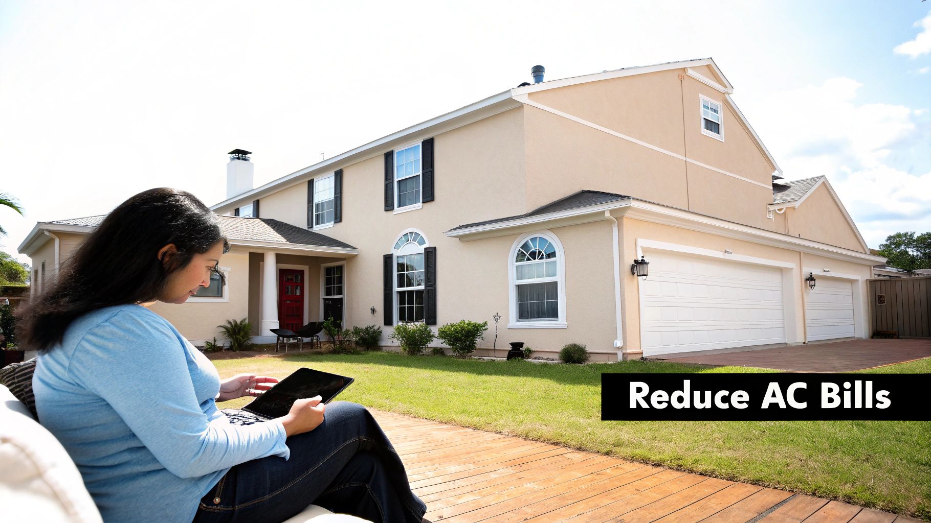 Woman on patio using a tablet in front of a large house, considering ways to reduce AC bills.