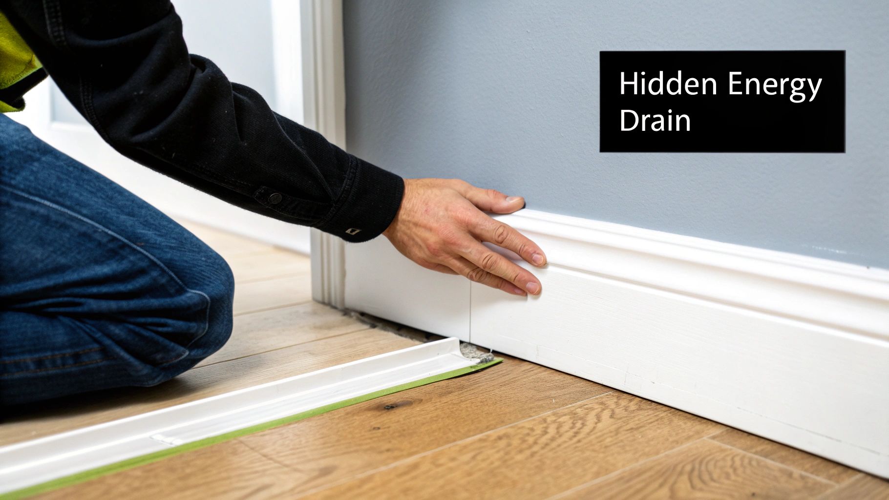 A person's hand inspects a gap between a light blue wall, white baseboard, and wooden floor, revealing a hidden energy drain.