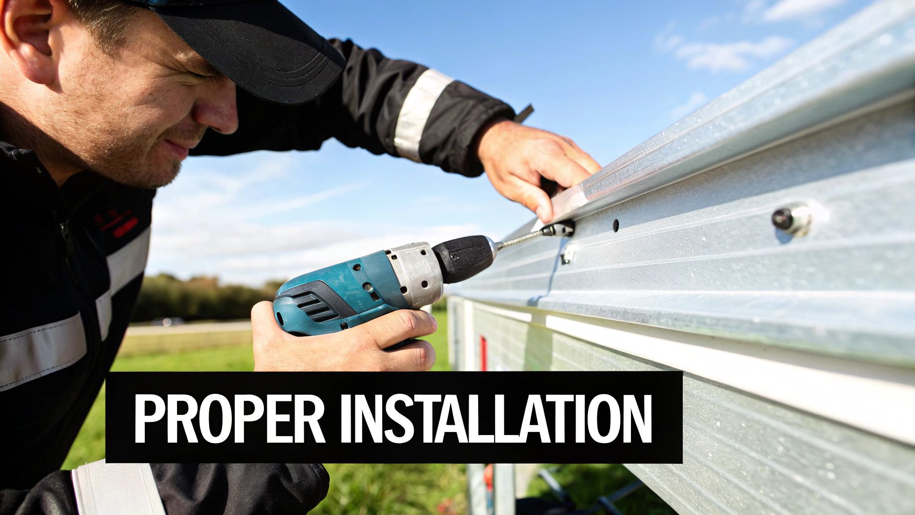 Man in a black jacket and cap using a drill to install screws into a metal structure outdoors.