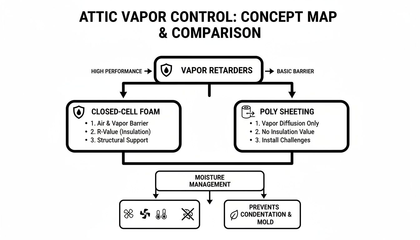 Concept map illustrating attic vapor control, comparing closed-cell foam and poly sheeting for moisture management.