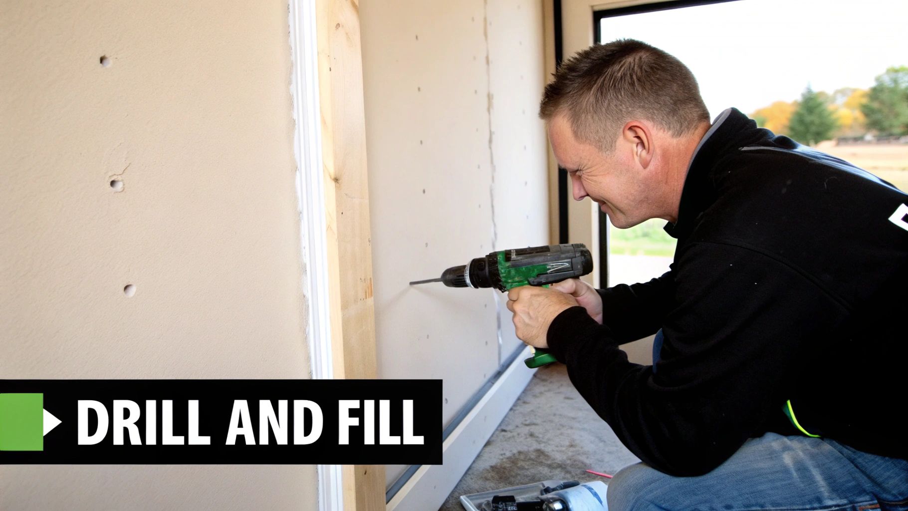 A man uses a power drill to create holes in an interior wall, preparing for a home improvement project.