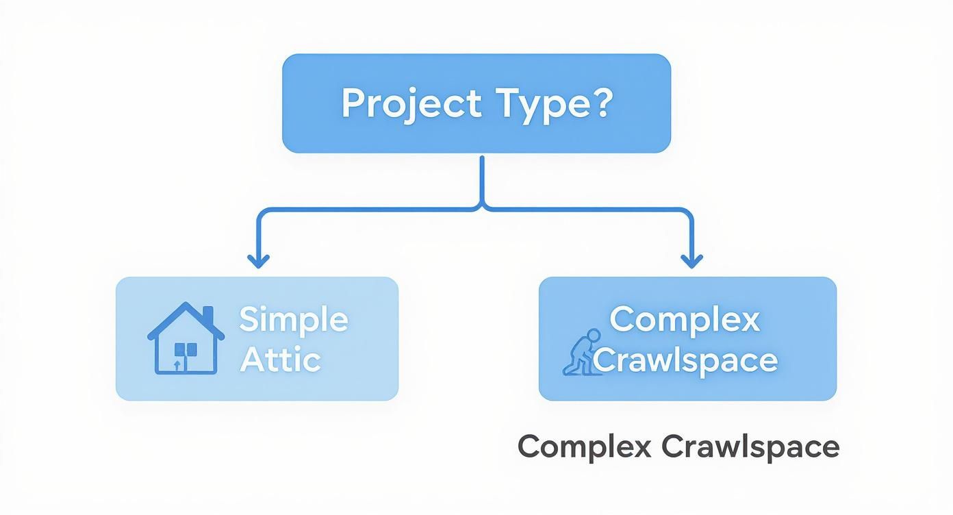 Flowchart presenting two project types for insulation: Simple Attic or Complex Crawlspace.