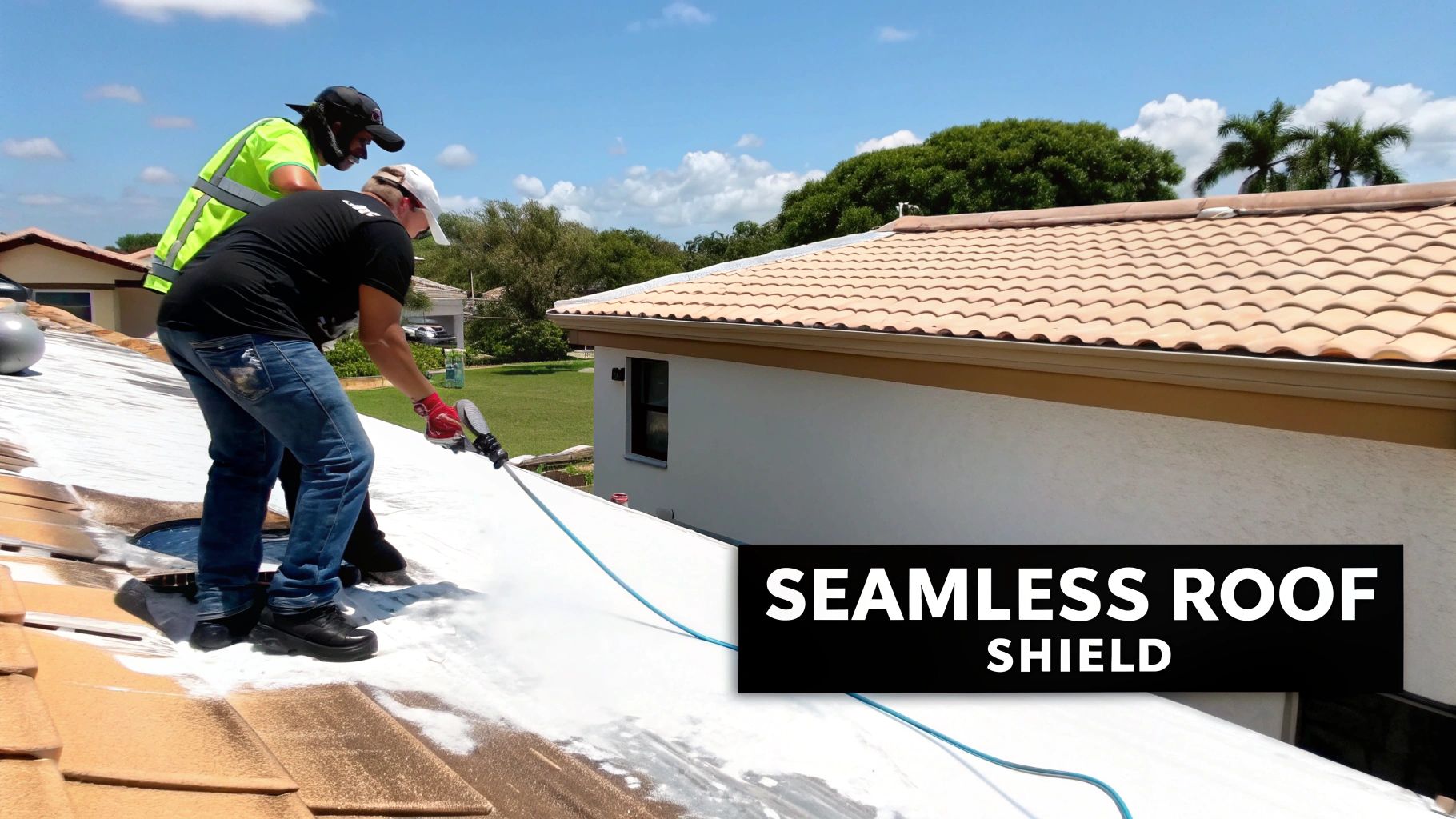 A Homeowner's Guide to Spray Polyurethane Roofing in Florida 2 Two workers apply a white seamless roof shield coating to a tiled roof under a sunny sky.