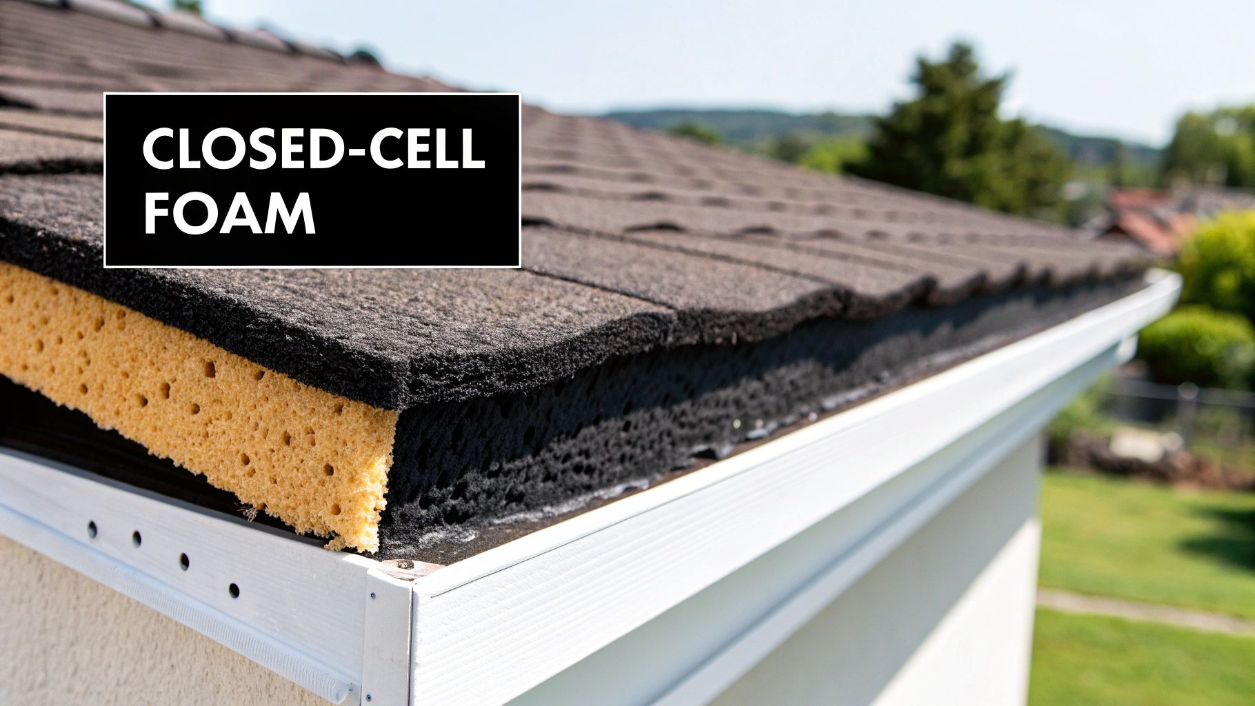 A Homeowner's Guide to Spray Polyurethane Roofing in Florida 3 Detailed cross-section of a roof edge showcasing closed-cell foam insulation beneath dark roofing material.