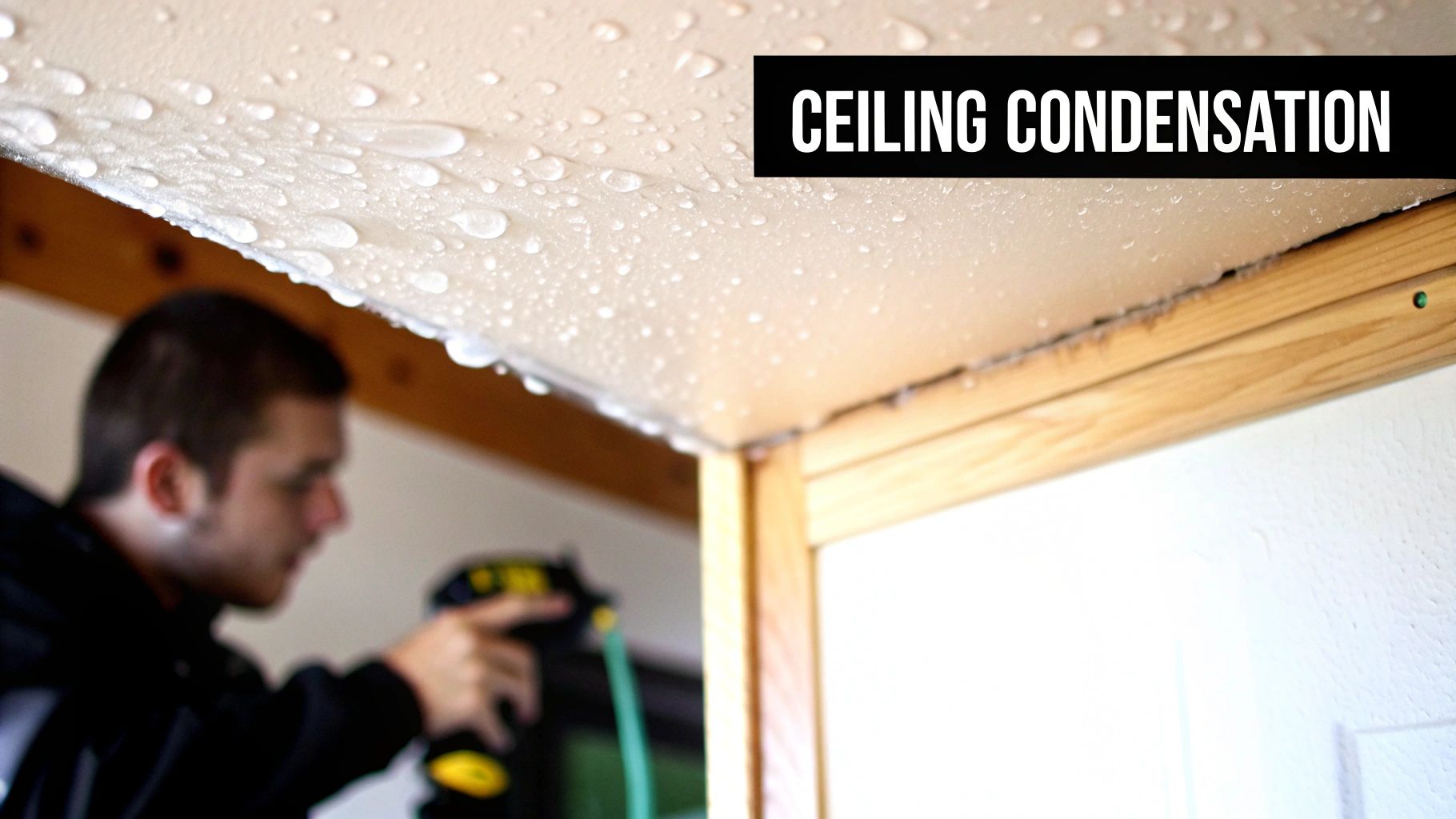 Close-up of a ceiling covered in water droplets from condensation, with a blurry person holding a tool.