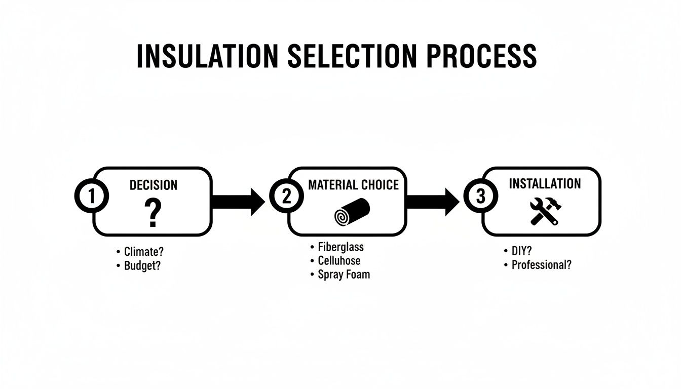 A flowchart detailing the insulation selection process, including decision factors, material choices, and installation methods.