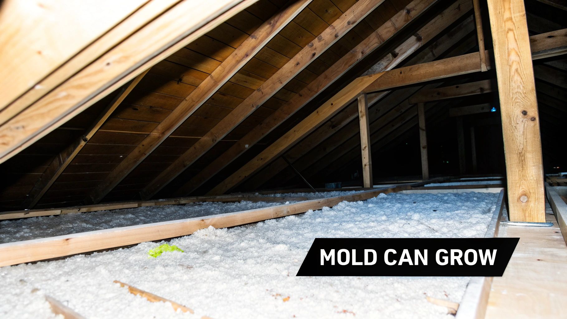 An attic space featuring white loose-fill insulation on the floor and visible wooden beams and roof structure.