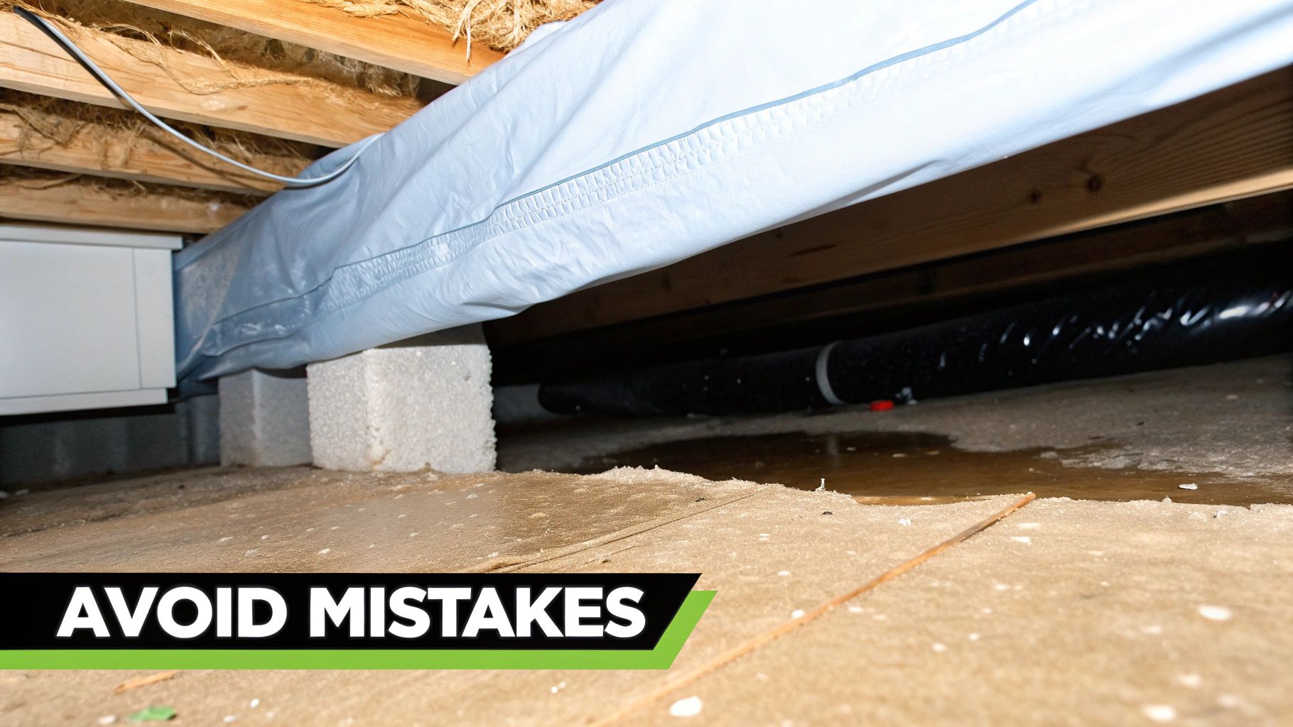 A damp crawl space showing insulation, wooden joists, concrete blocks, and standing water on the floor.