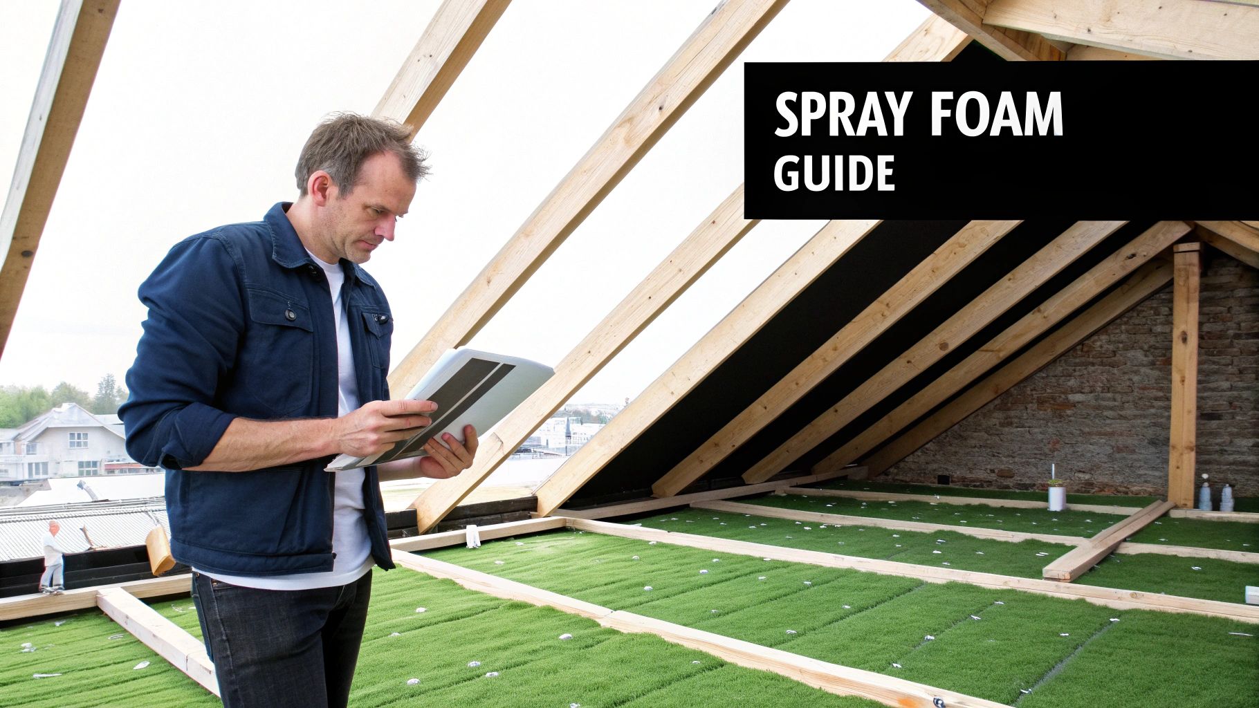 A man in an attic examines documents for a spray foam insulation project.