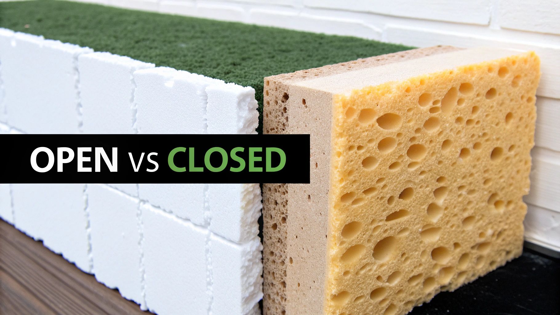 Side-by-side comparison of open-cell foam (sponge-like) and dense closed-cell white foam.