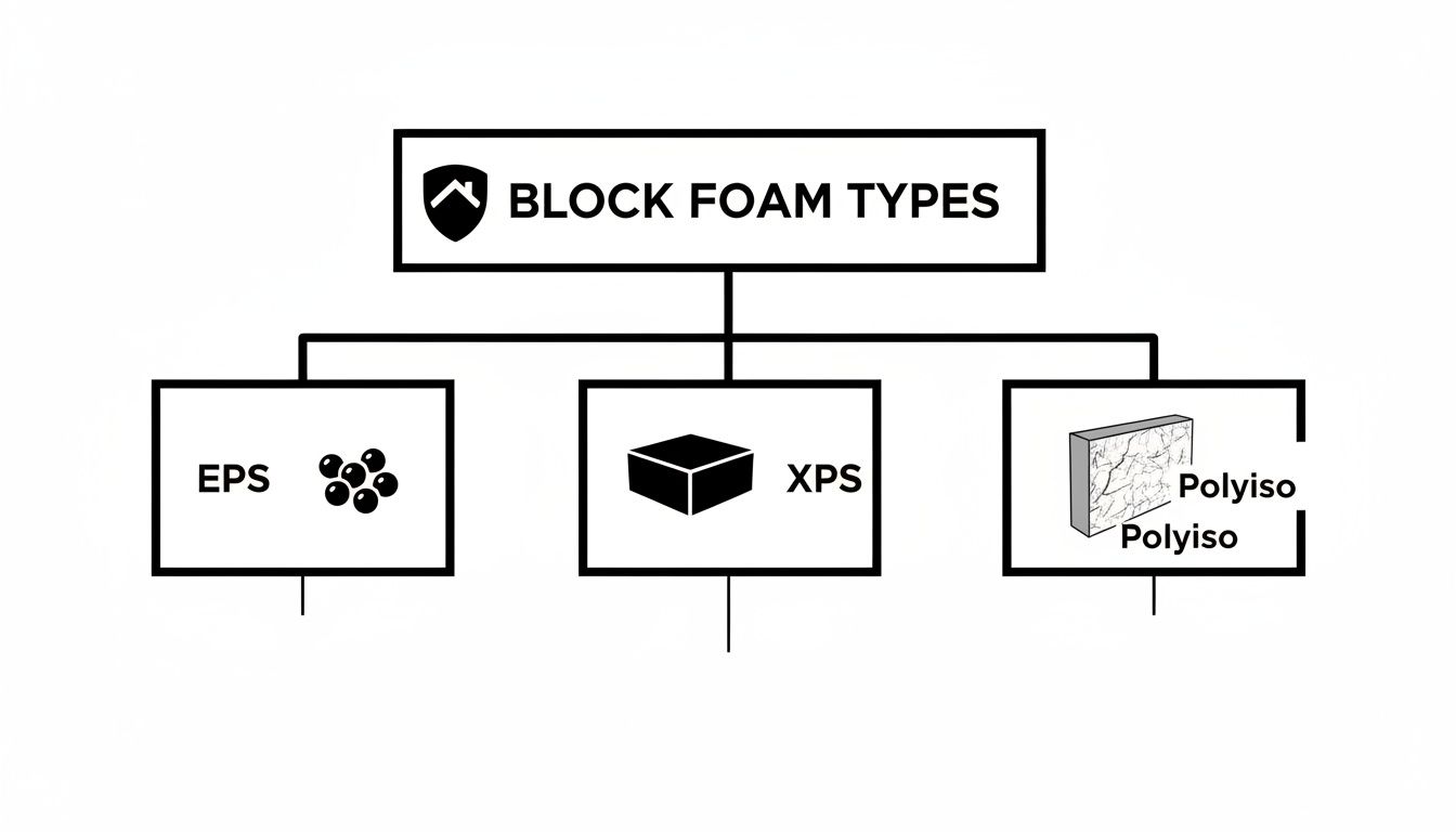 A diagram categorizing block foam insulation types: EPS, XPS, and Polyiso, with illustrative icons.