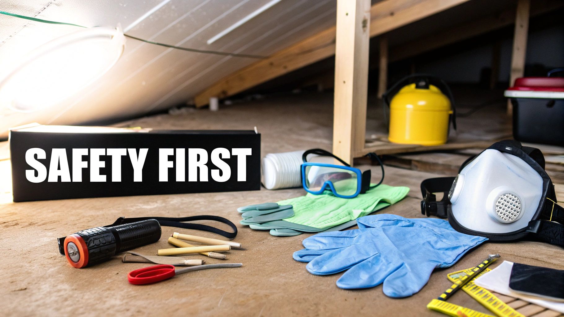 A close-up of safety gear including a respirator, gloves, goggles, and a flashlight, next to a “SAFETY FIRST” sign.