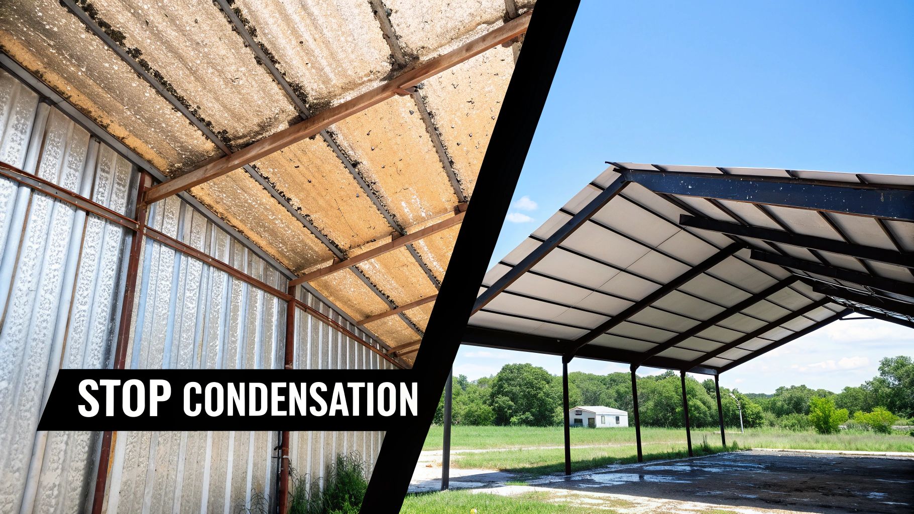 Split image showing a dirty, condensed metal roof and a clean, new metal roof on a sunny day.