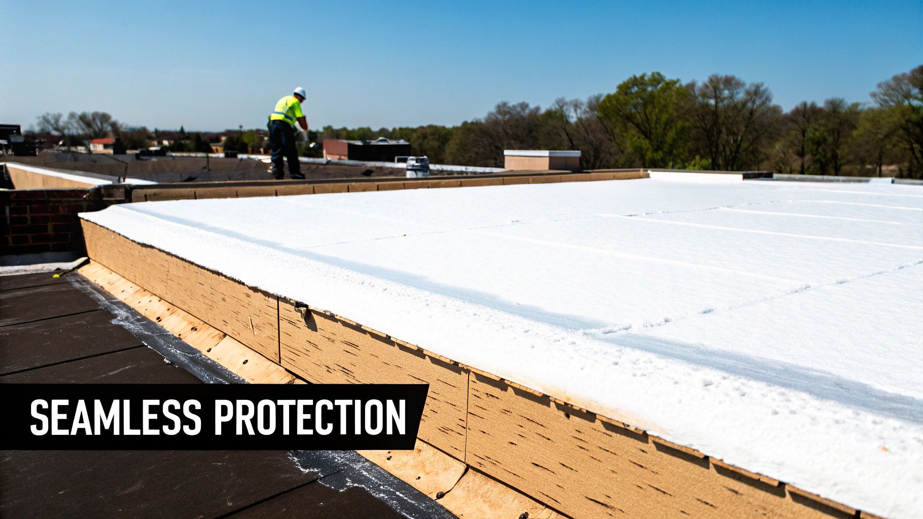 Construction worker installing white polyurethane spray foam roofing on a commercial building for seamless protection.