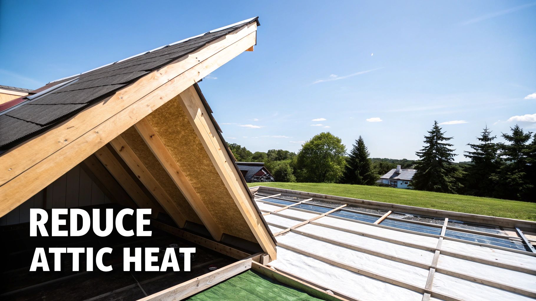 An attic roof under construction, showing wooden beams, insulation, and shingles to reduce heat.