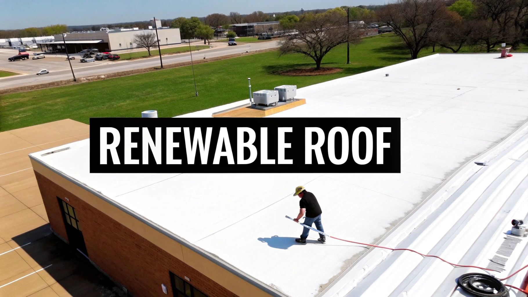 Worker applying renewable roof coating on commercial building flat roof with spray equipment