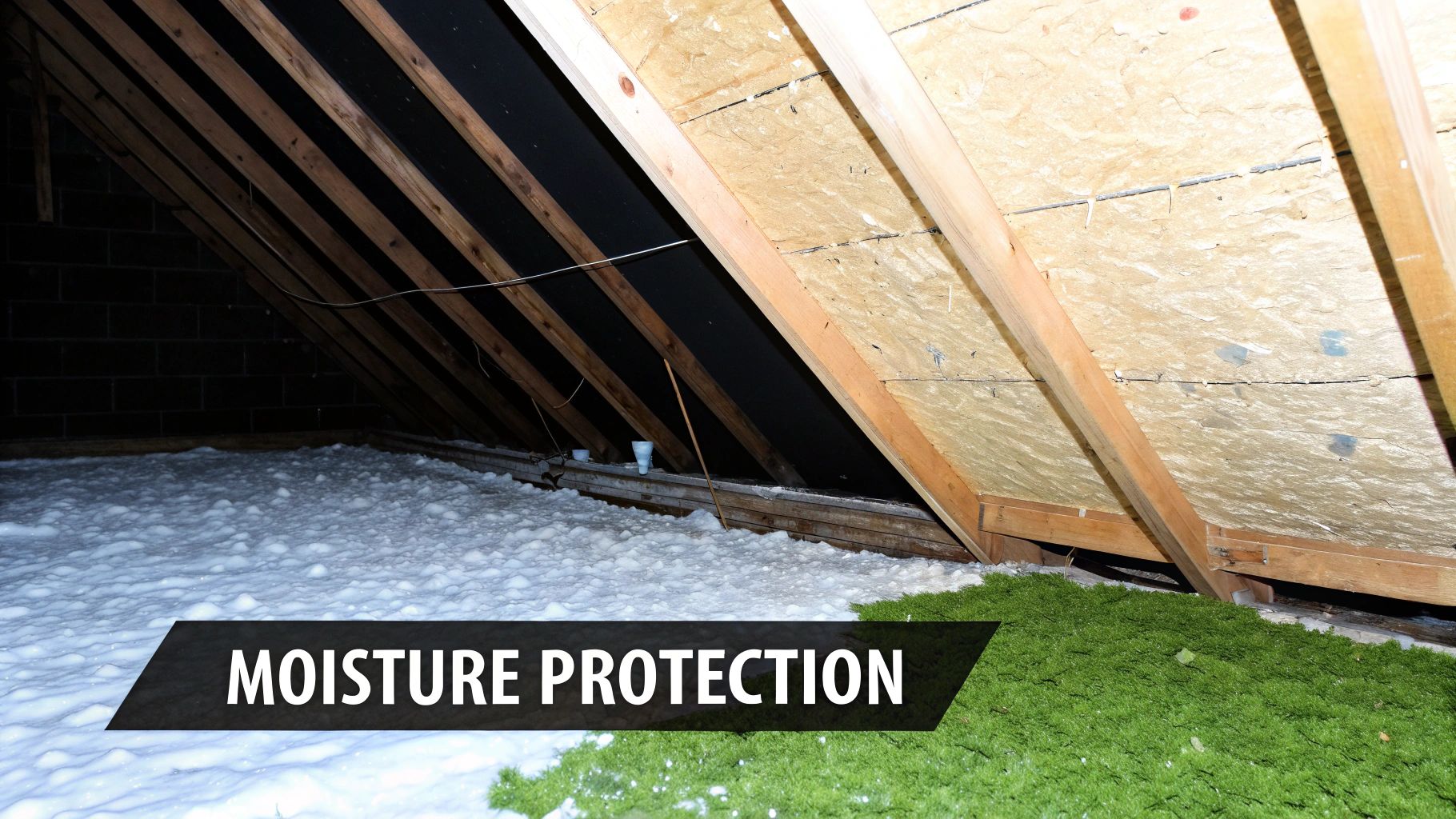 Attic insulation showing white foam and green material, alongside wooden rafters and a brick wall.