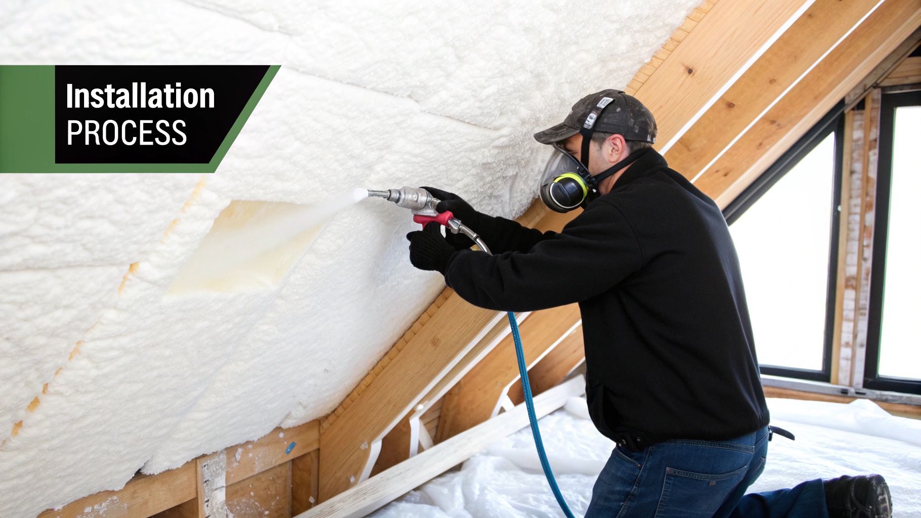 Worker in protective gear spraying white foam insulation onto wooden roof rafters in an attic.